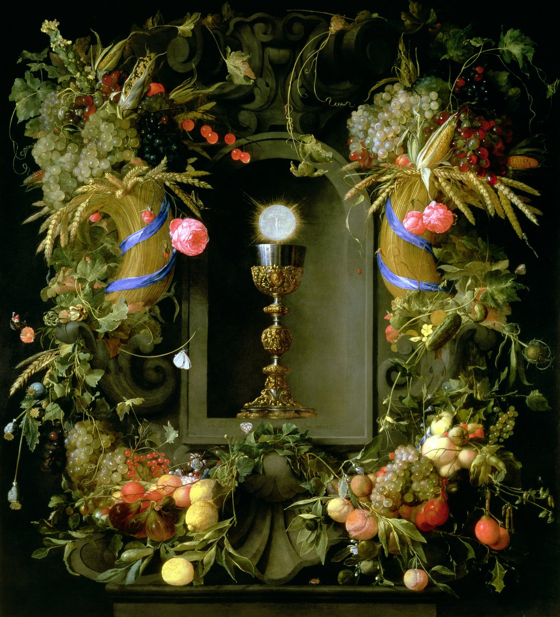 Nattvardsbägare och värd, omgiven av en krans av frukt av Jan Davidsz de Heem