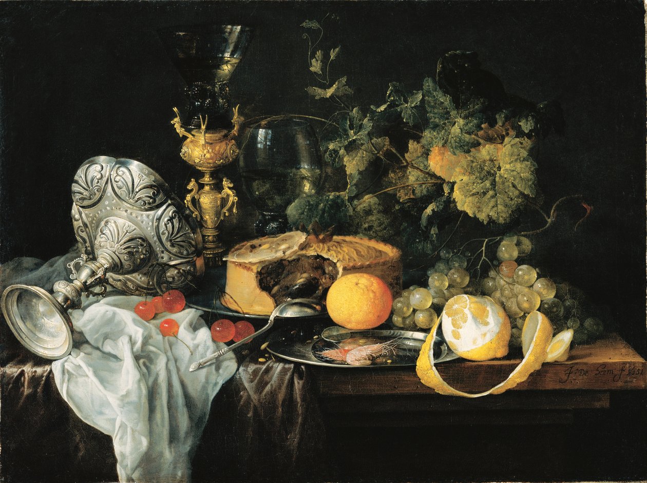 Tyska: Magnifikt stilleben med frukt, paj och bägare Överdådigt stilleben med frukt, paj och bägare, 1651 av Jan Davidsz. de Heem
