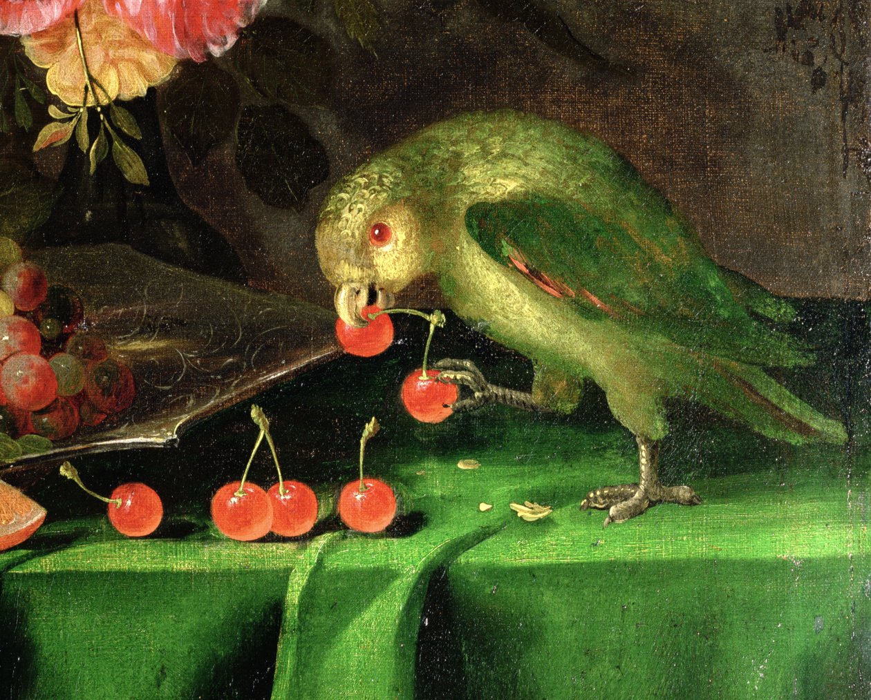 Stilleben av frukt och blommor, detalj av en papegojaolja på dukdetalj av 100411 av Jan Davidsz de Heem