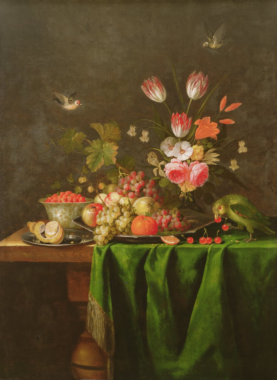 Stilleben med frukt och blommor med en papegoja på ett bord täckt med en grön duk (se 100412 för detaljer) av Jan Davidsz de Heem