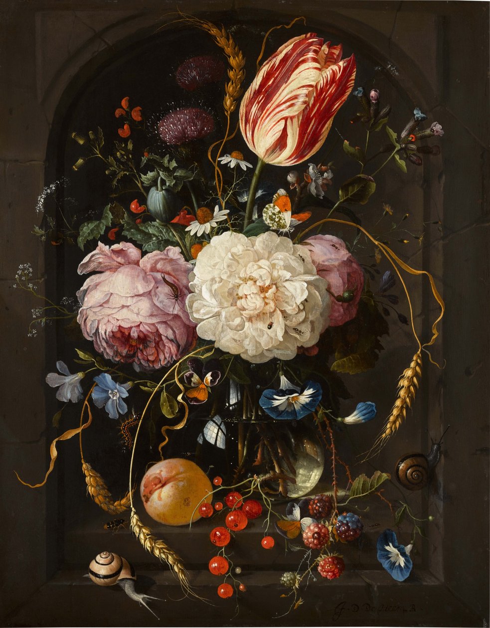 Stilleben med blommor i en glasvas med insekter och frukter i en stennisch av Jan Davidsz. de Heem