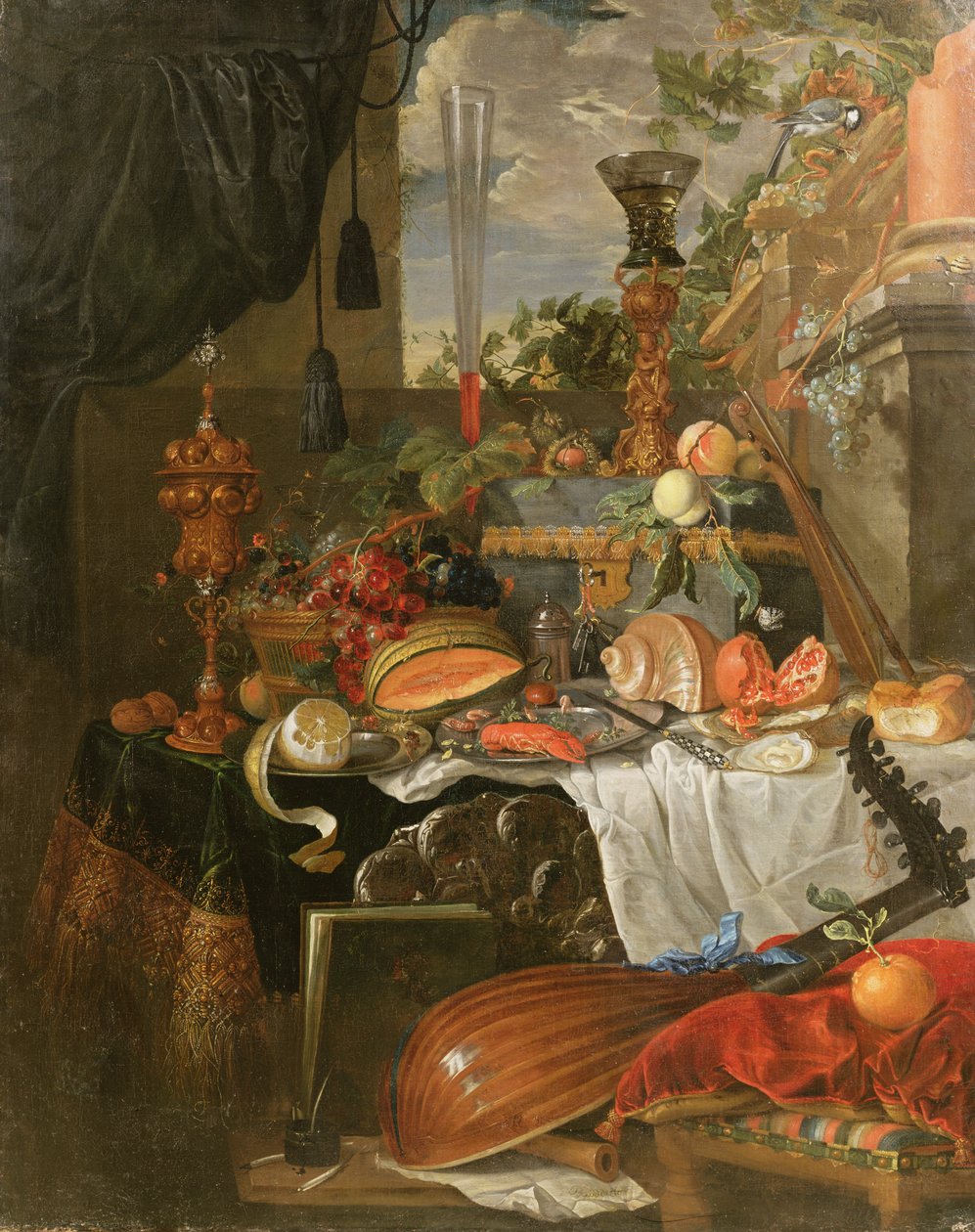 Stilleben av mat och musikinstrument av Jan Davidsz de Heem