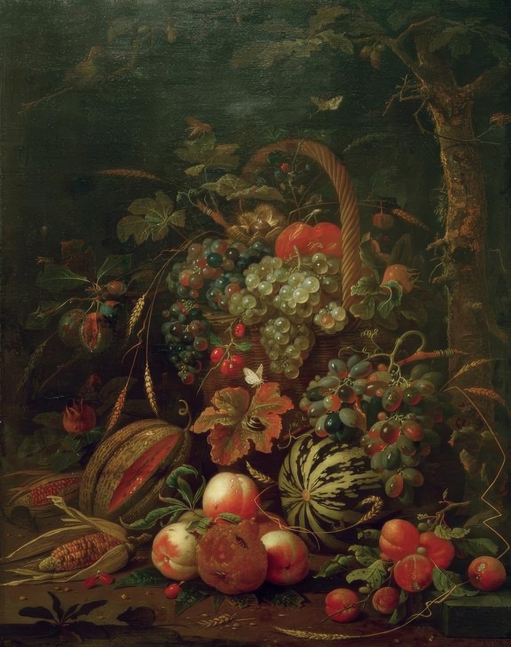 Stilleben med en fruktkorg, pumpa, melon och persikor på en ek av Jan Davidsz de Heem