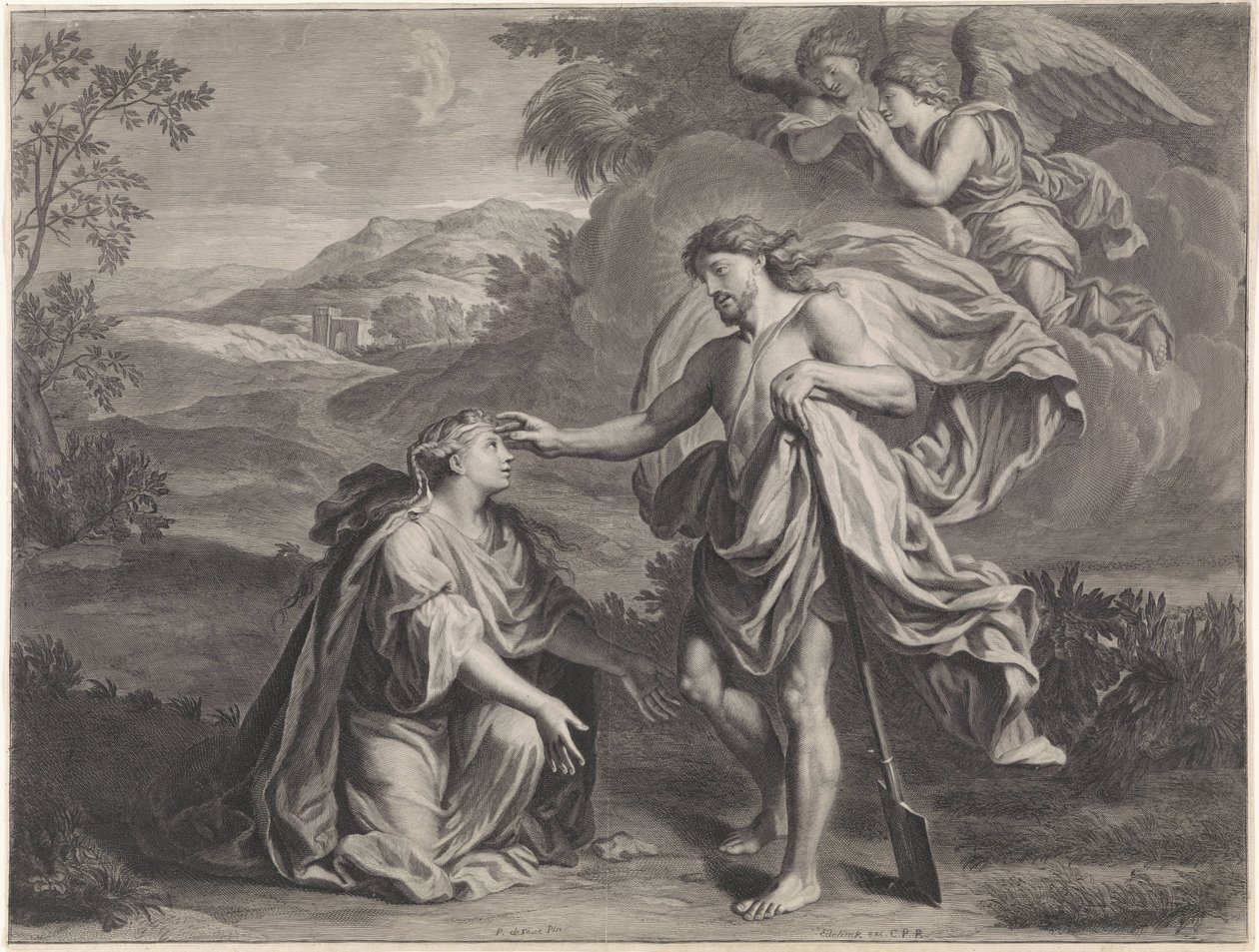 Kristus visar sig som trädgårdsmästare för Maria Magdalena (Noli me tangere) av Jan Edelinck (possibly)