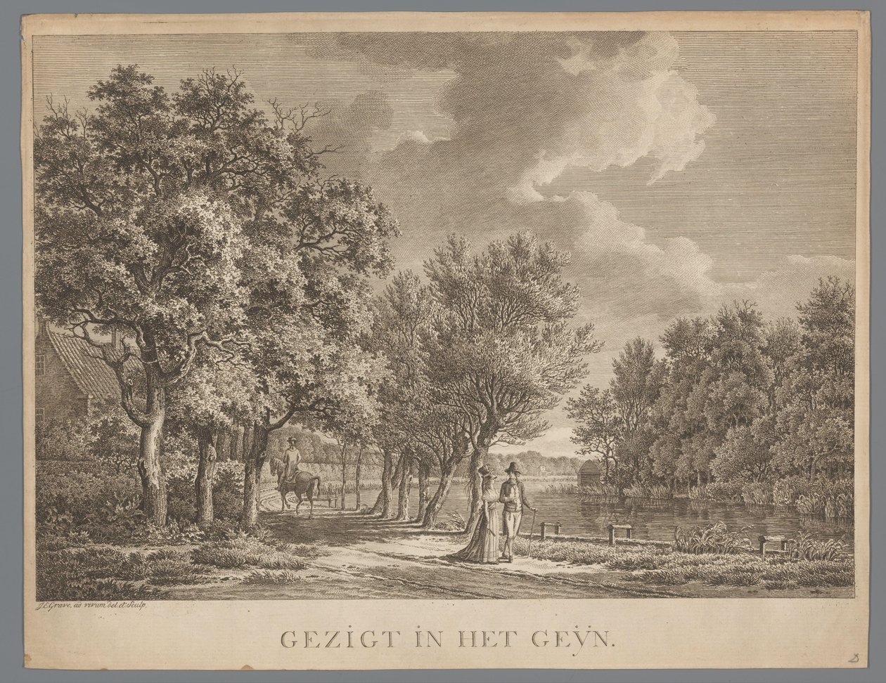 Landskap med ett par som går längs Geins strand Gezigt in het Geÿn (titel på objekt) av Jan Evert Grave