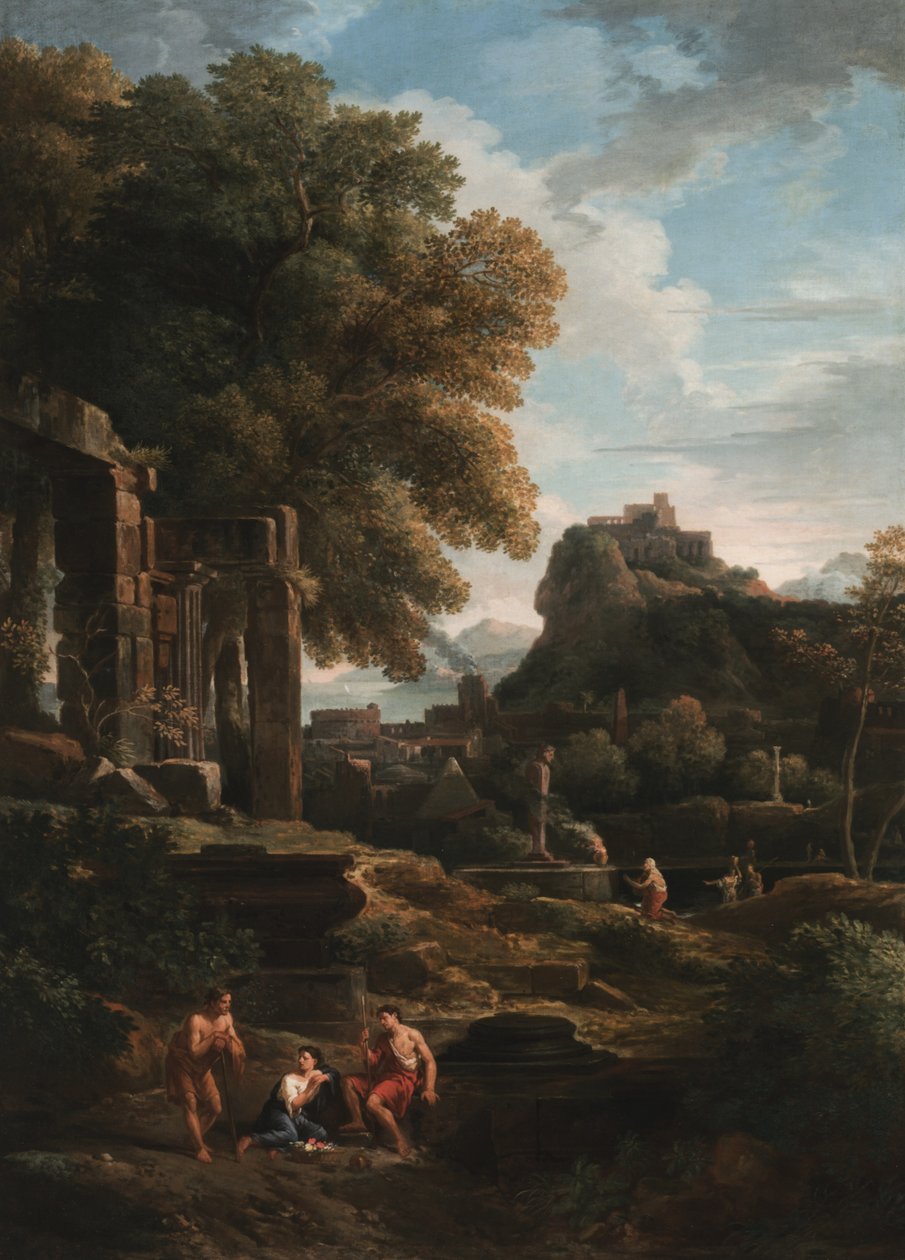 Ett klassiskt landskap med figurer i förgrunden, ruiner till vänster och en figur i mitten som offrar (olja på duk) av Jan Frans van Bloemen