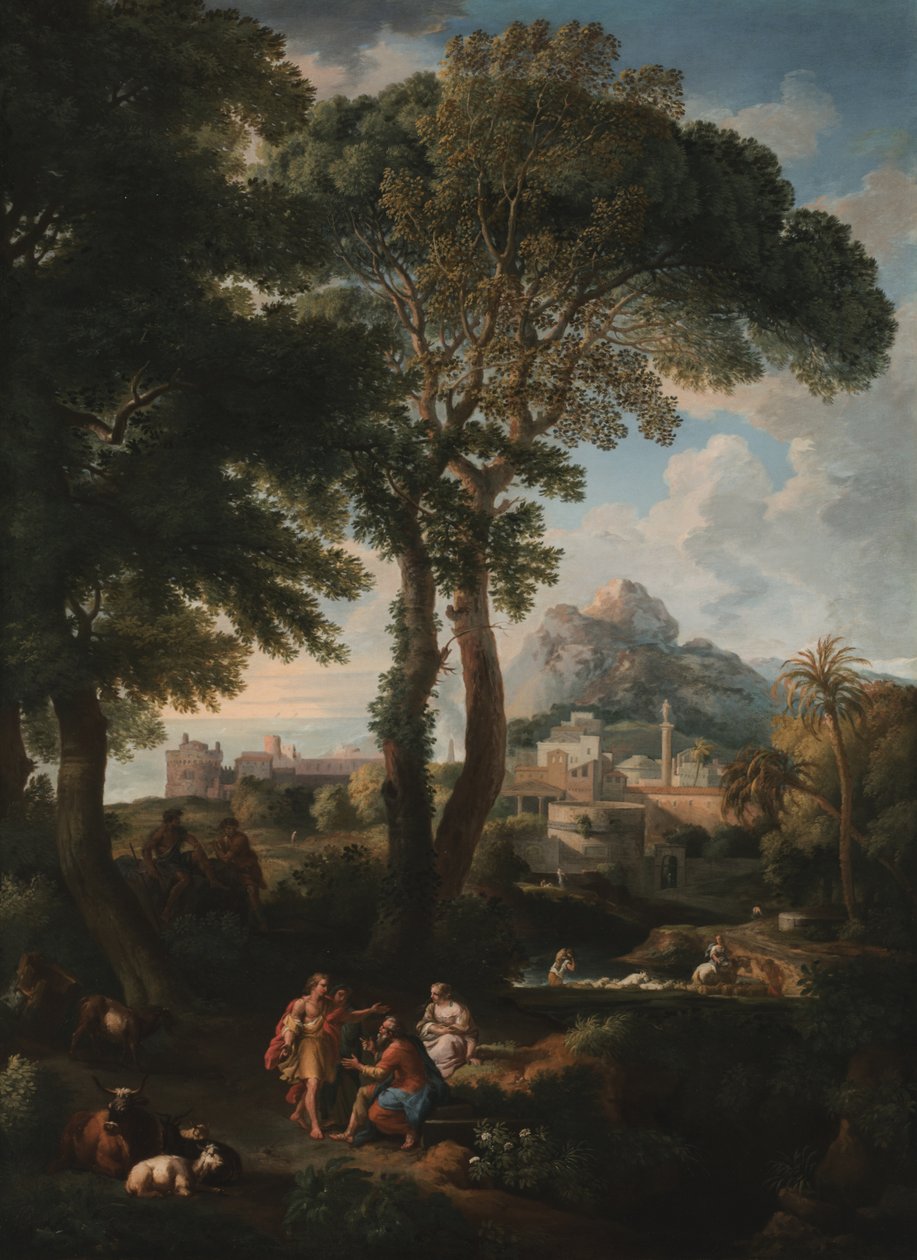 Ett klassiskt flodlandskap med figurer som hälsar varandra på en väg i förgrunden, utsikt över en stad i fjärran (olja på duk) av Jan Frans van Bloemen