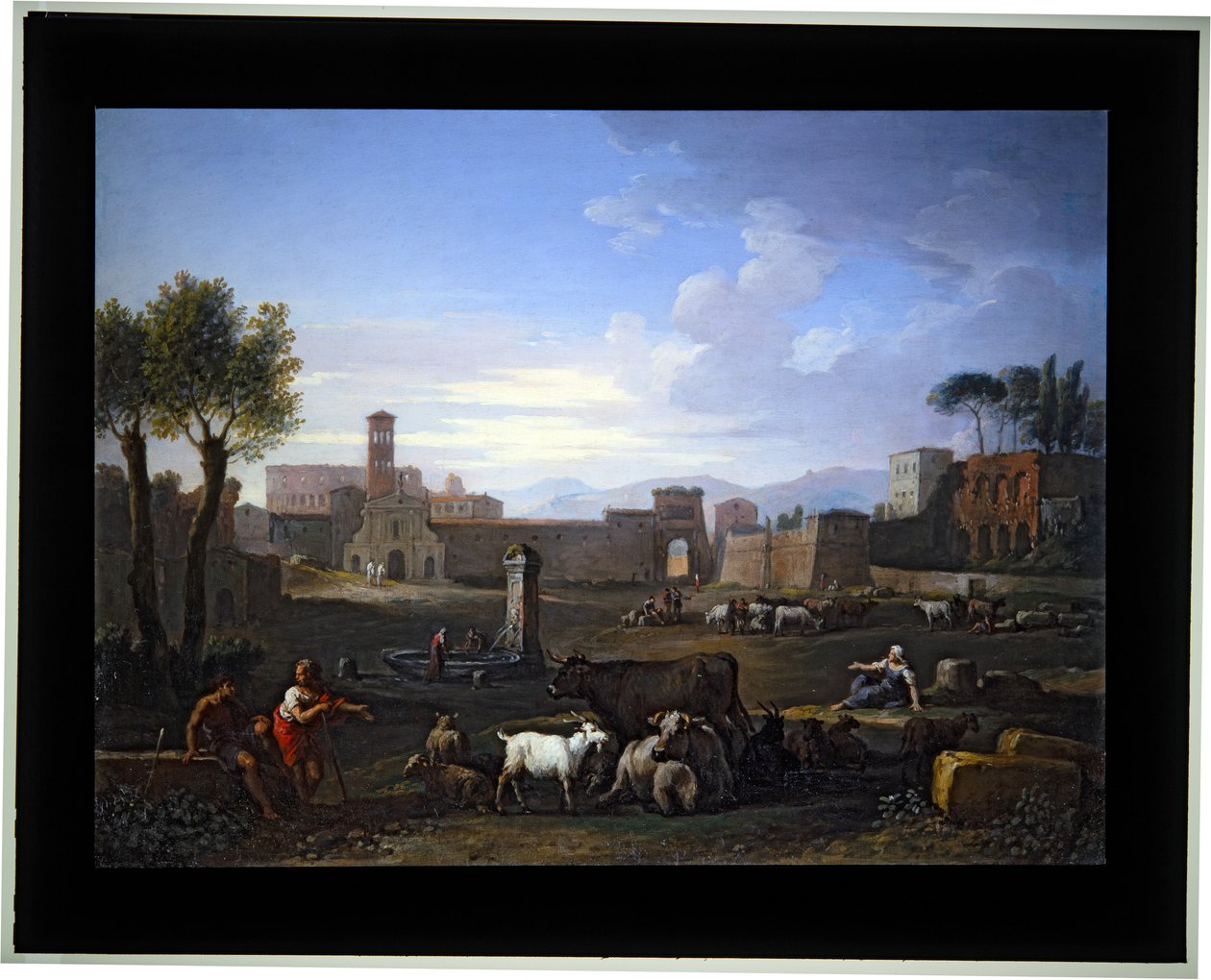 Uppsättning av fyra Cappricio; (1) Campo Vaccino (duk) av Jan Frans van (1662 1749) Bloemen
