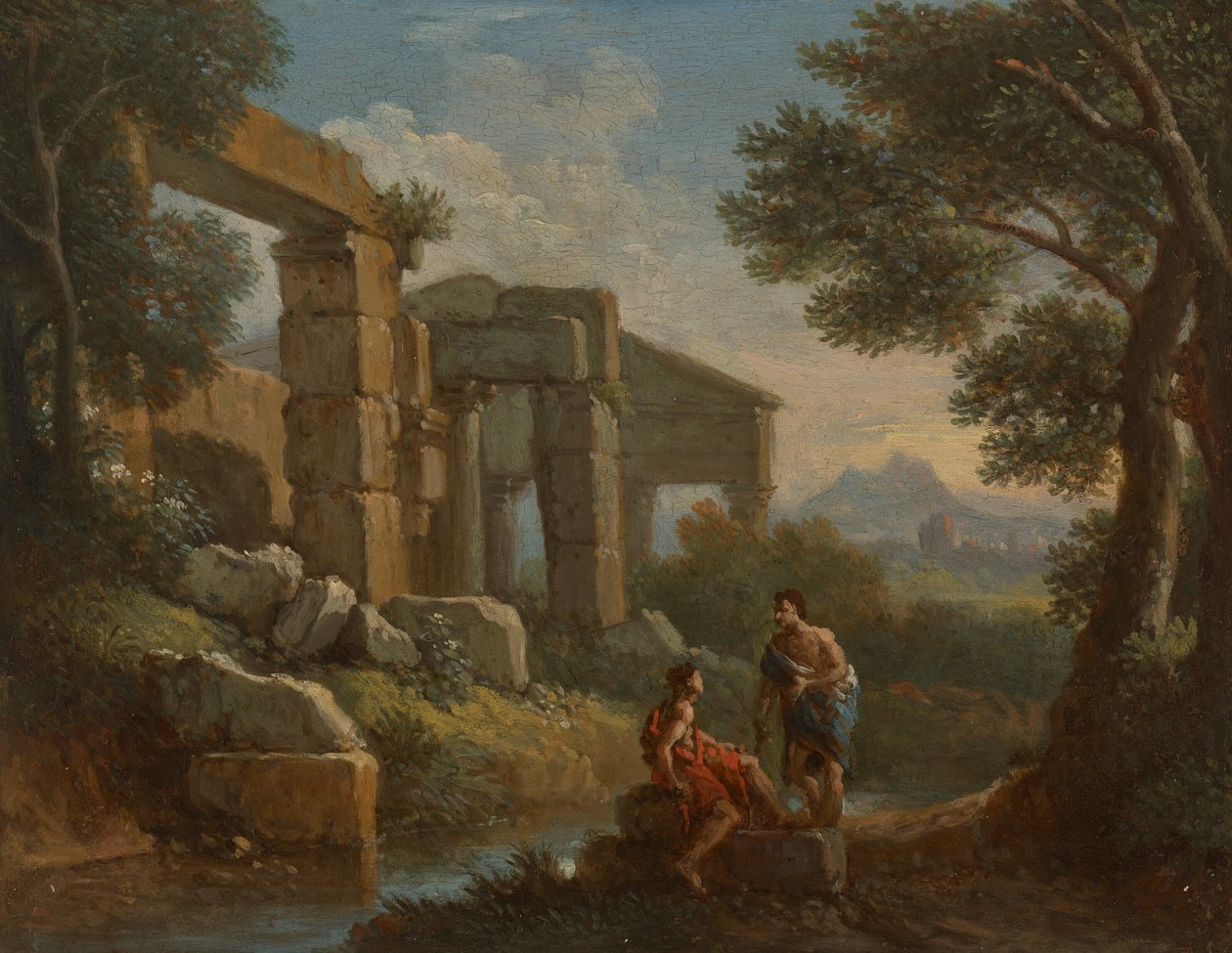 Ett klassiskt landskap med två figurer av Jan Frans van Bloemen