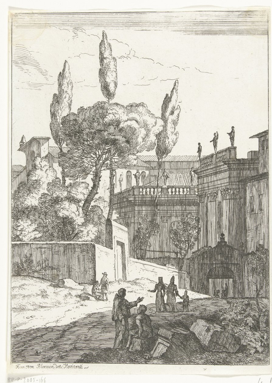 Italienskt landskap med antika byggnader och figurer av Jan Frans van Bloemen