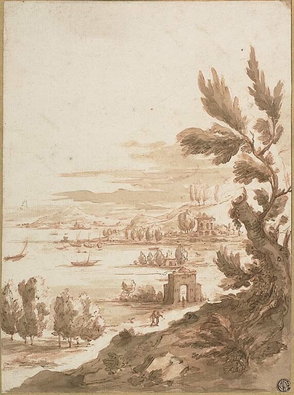 Utsikt från kulle med utsikt över en hamn av Jan Frans van Bloemen