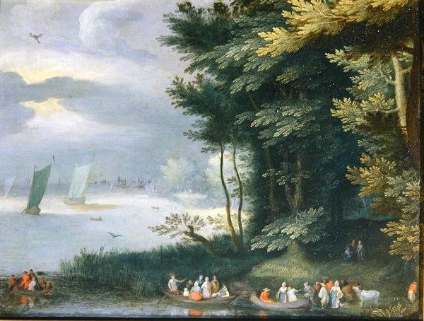 Banks of a Lake med figurer som går ombord i roddbåtar (olja på duk) av Jan Frans van Bredael