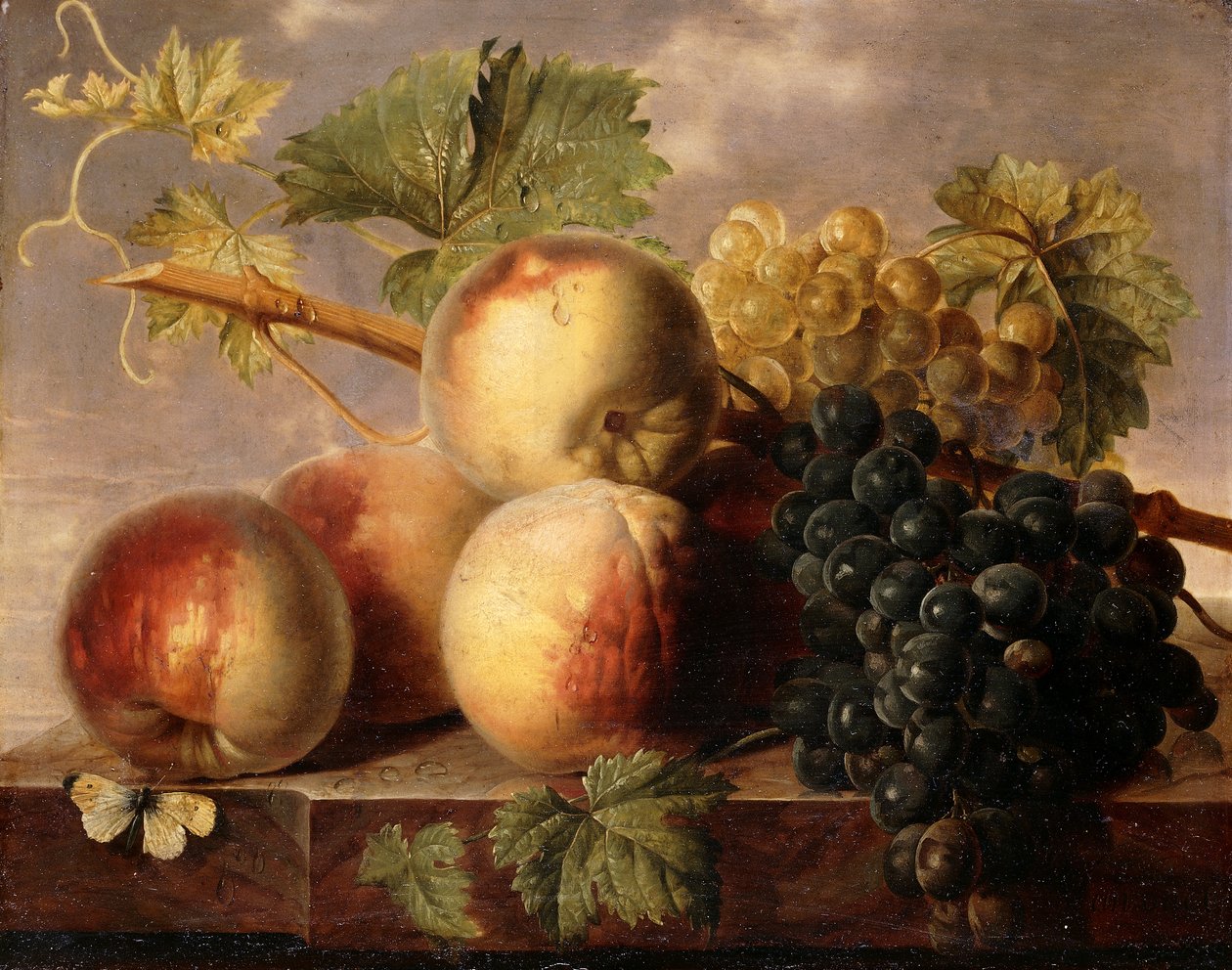 Persikor och vindruvor med en vit kål på en marmorkant, av Jan Frans van Dael