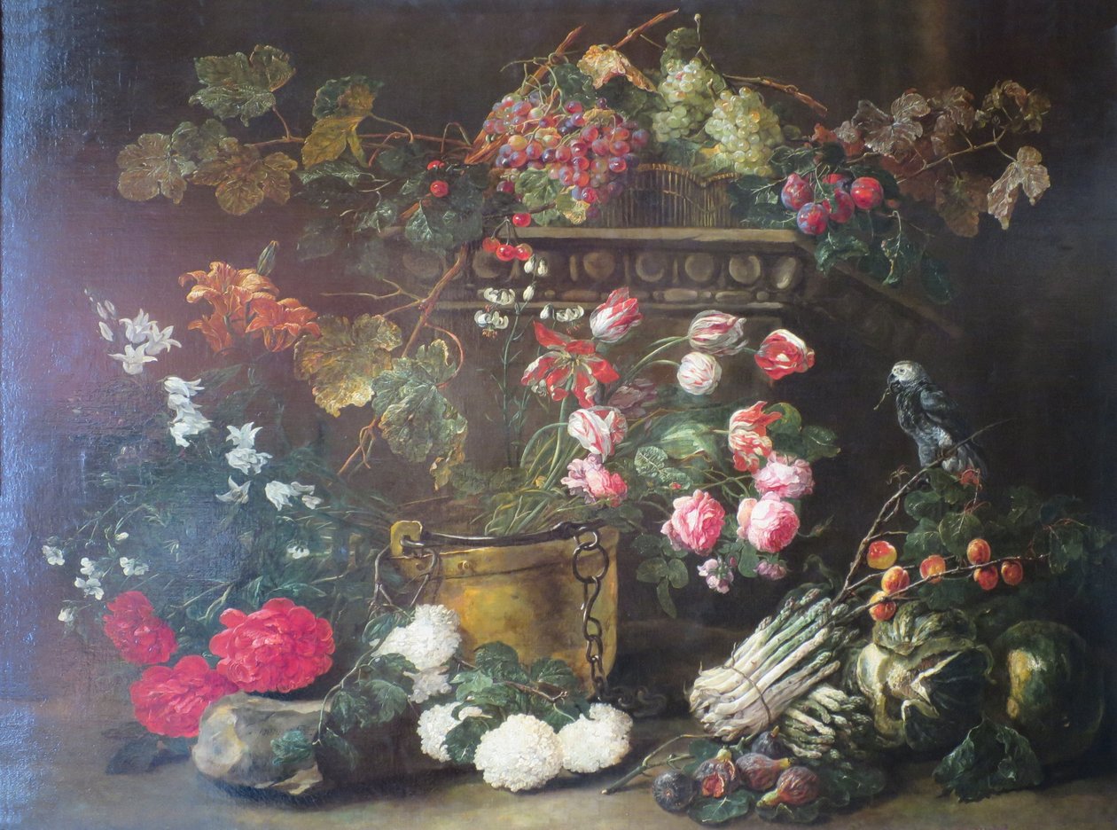 Stilleben med blommor, frukt och en papegoja av Jan Fyt