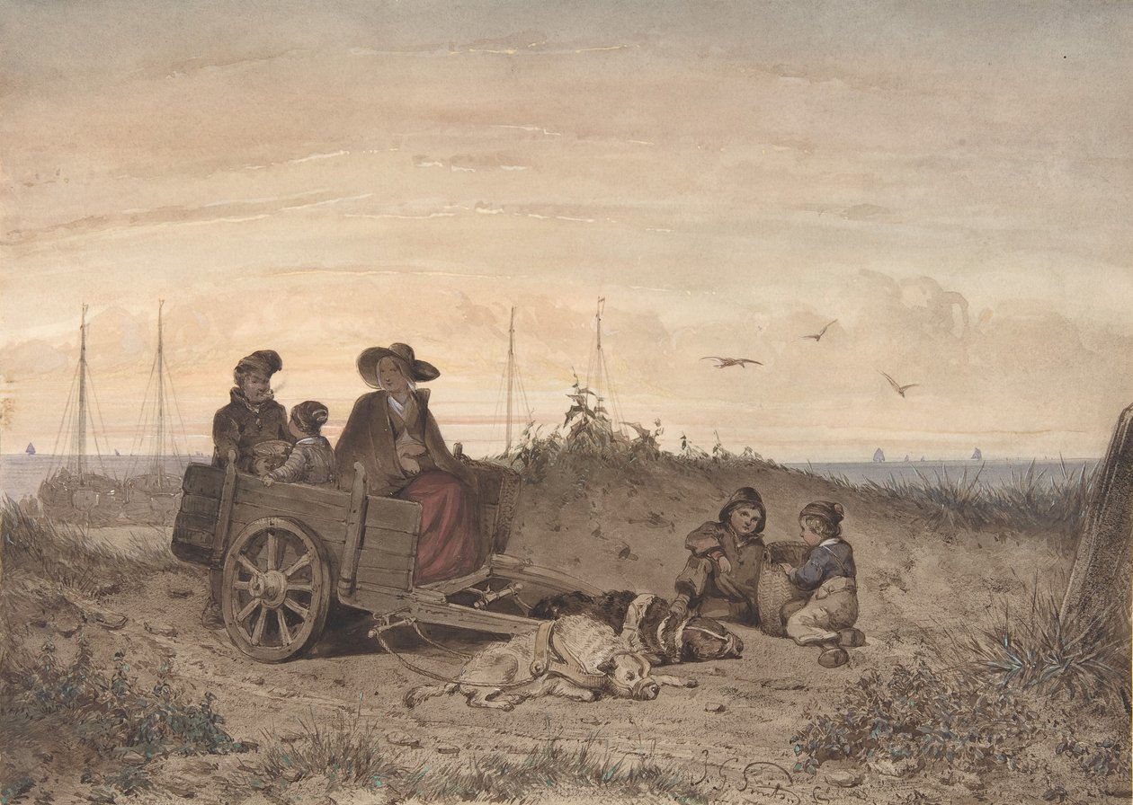 En fiskares familj på stranden, modern och ett av barnen som sitter i en vagn, 1855. av Jan Gerard Smits