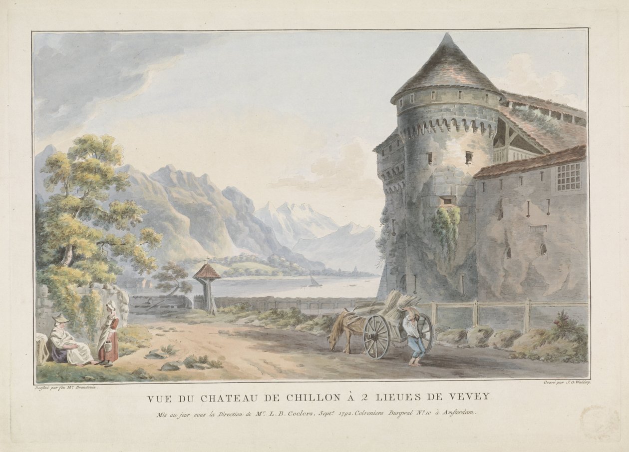 Utsikt över Chillon kasteel Castle Vue du Chateau de Chillon à 2 lieues de Vevey (titel på objekt) av Jan Gerard Waldorp
