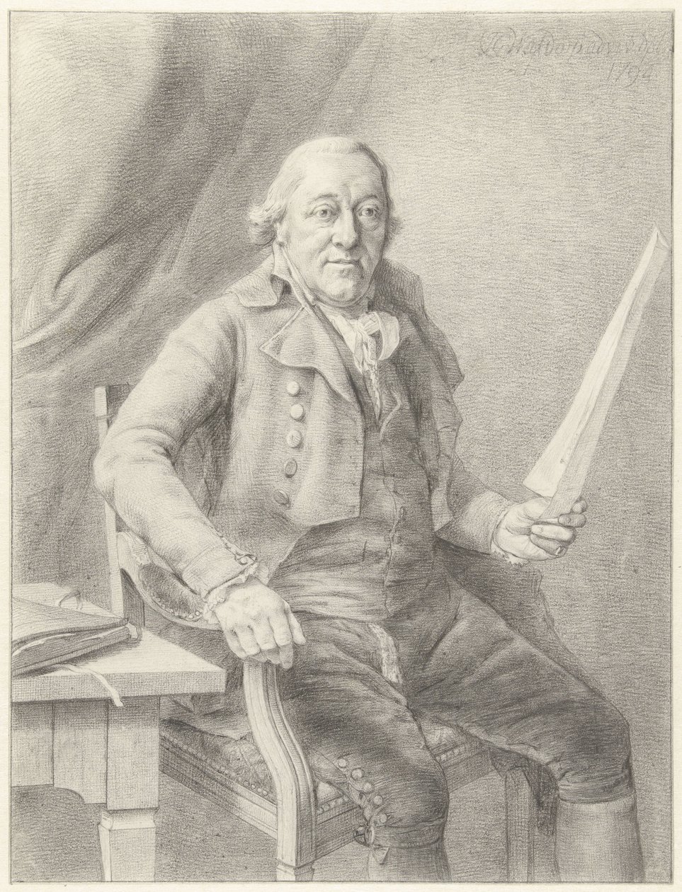 Porträtt av Reinier Vinkeles I, sittande på en stol med ett pappersark i handen av Jan Gerard Waldorp