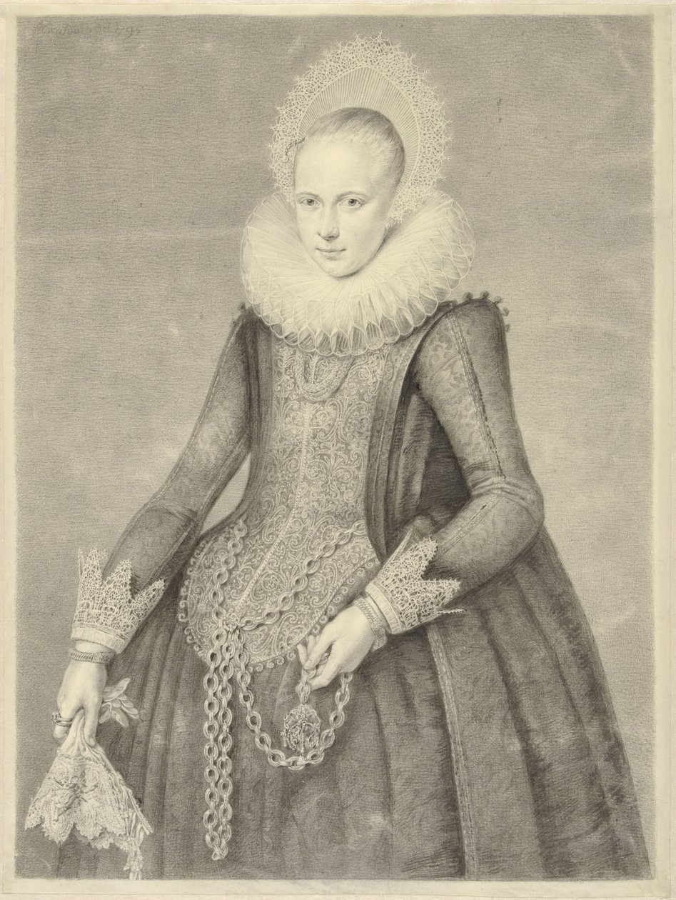Porträtt av en kvinna med handskar och halsband med hållare för en bezoarsten (?) av Jan Gerard Waldorp
