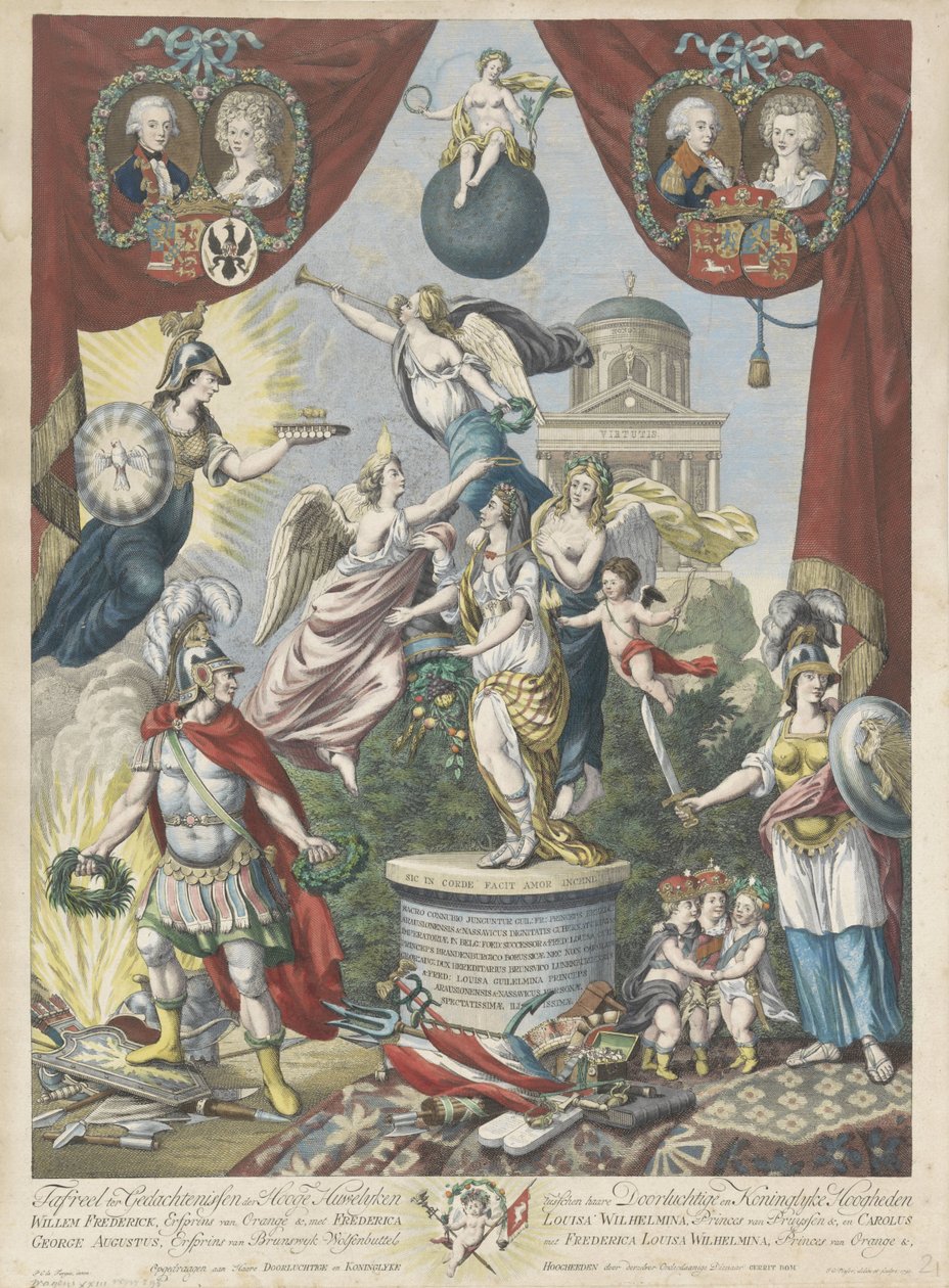 Meningstryck om äktenskap mellan sonen och dottern till Willem V, 1790-1791 Tafreel ter Gedenkenissen der Hooge Huwelyken mellan (...) Willem Frederick, ärftlig prins av Orange &, med Frederica Louisa Wilhelmina, prinsarna av Pruyssen &, och Carolus George av Jan Gerritsz. Visser