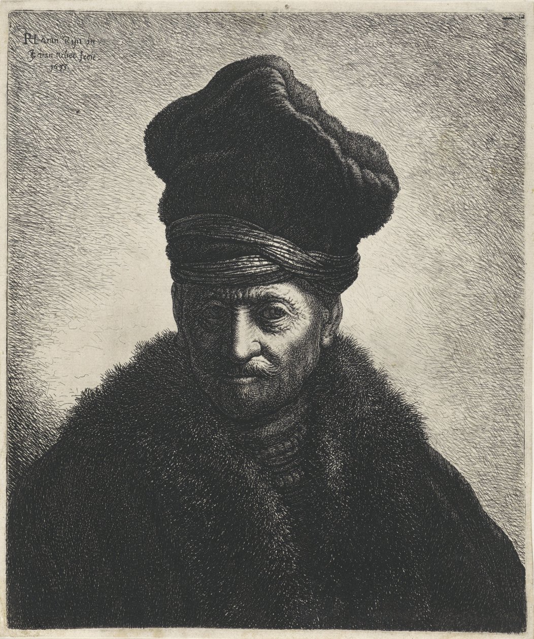 Byst av en man med pälsmössa Tronies efter Rembrandt (serietitel) av Jan Gillisz. van Vliet