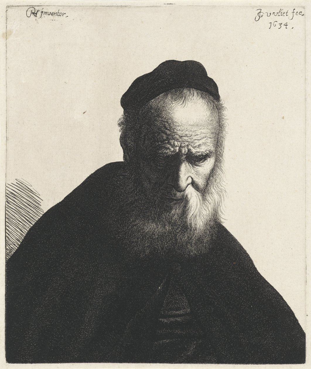 Byst av en gammal man med skägg och hatt Tronies efter Rembrandt (serietitel) av Jan Gillisz. van Vliet