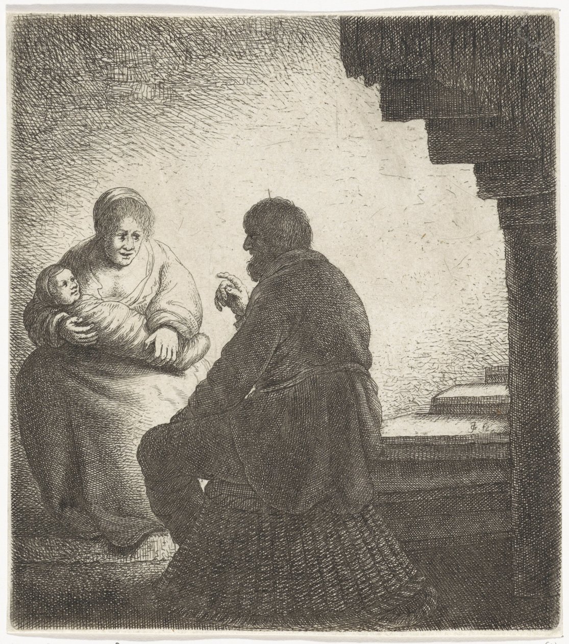 Familj som sitter vid en spiraltrappa av Jan Gillisz. van Vliet