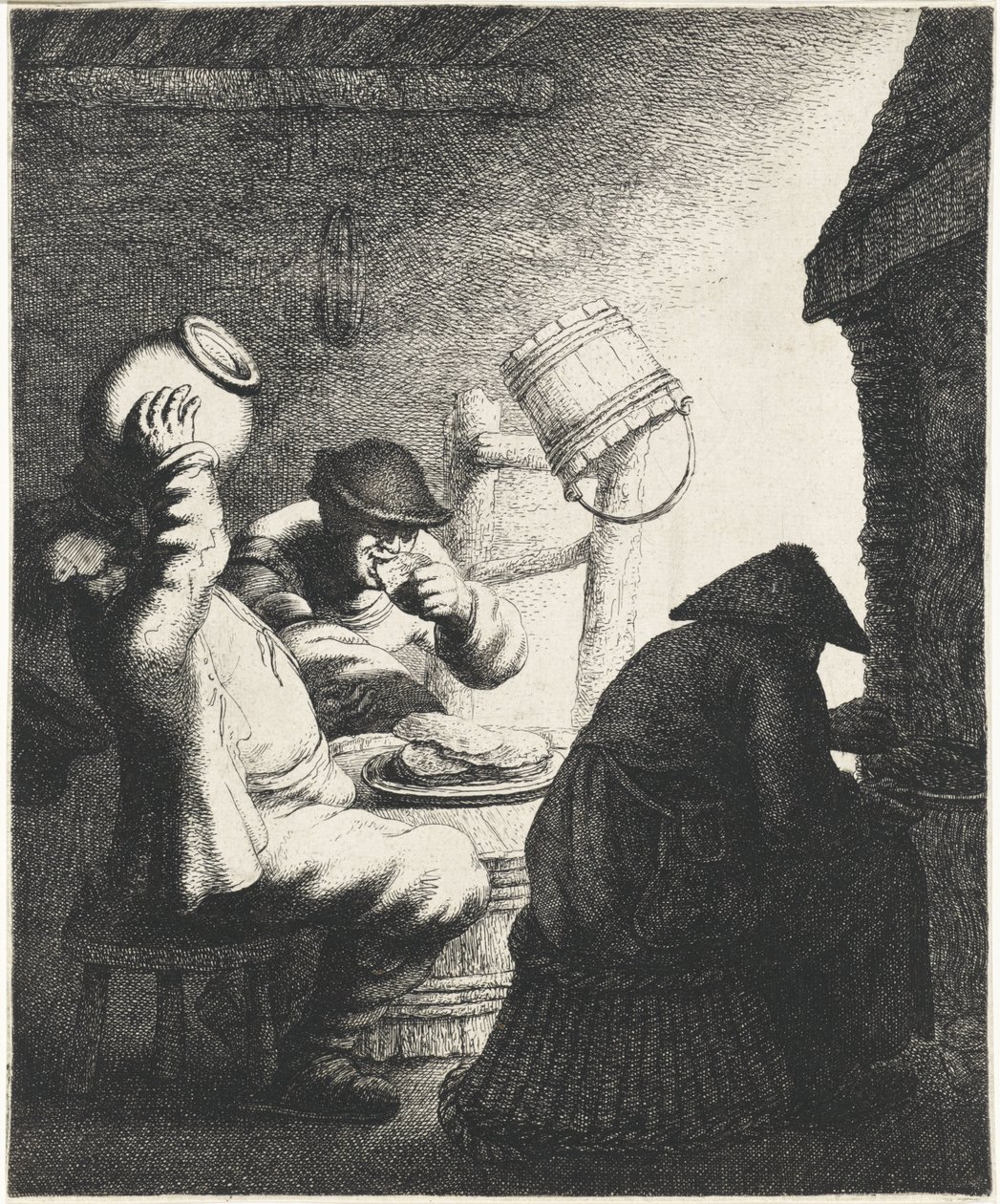 Figurer äter pannkakor i en interiör Smak The Five Senses (serietitel) av Jan Gillisz. van Vliet