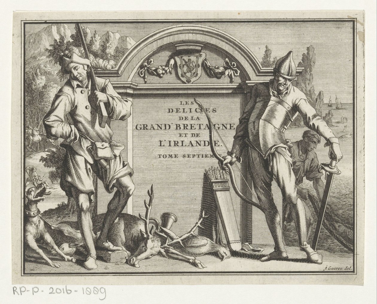 Twee jagers för arkitektonisk miljö Titelsida för: James Beeverell, The delights of Great Britain and Ireland, Volym sju, 1707 av Jan Goeree (possibly)