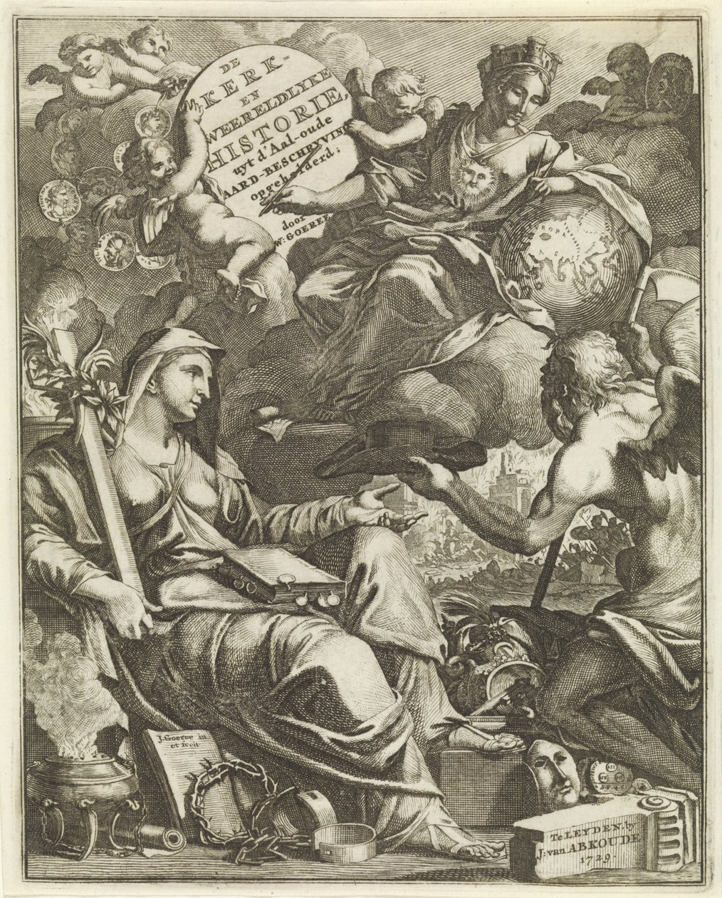 Allegori över kyrka och världshistoria Titelsida för Willem Goeree, De kerklyke en Weereldlyke historien. 1729 Kyrkan och världshistorien uyt d