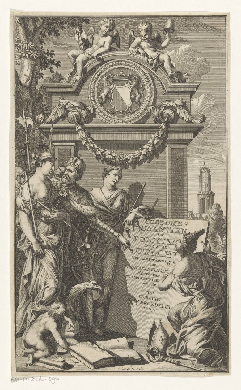 Rättvisa lär ut lagarna i Utrecht Costumen Usantien och polis i staden Utrecht (titel på objekt) Titelsida för Willem Van der Meulen, Costumen, usantien, policien ende style van literen, der Stadt Utrecht, 1709 av Jan Goeree