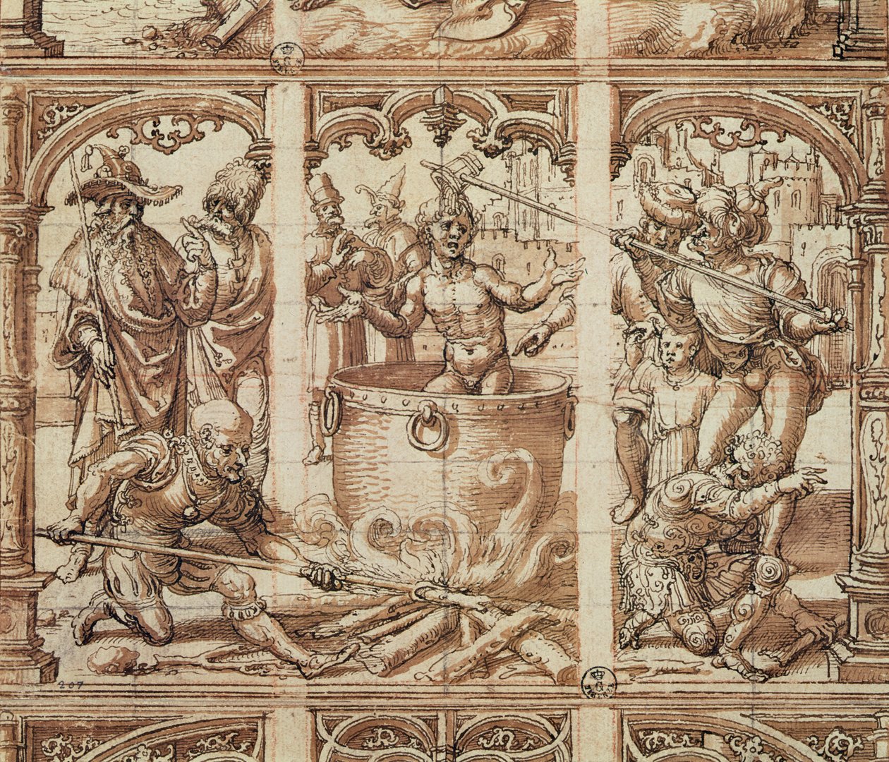Sankt Johannes evangelistens martyrskap (tvätt på papper) av Jan Gossaert