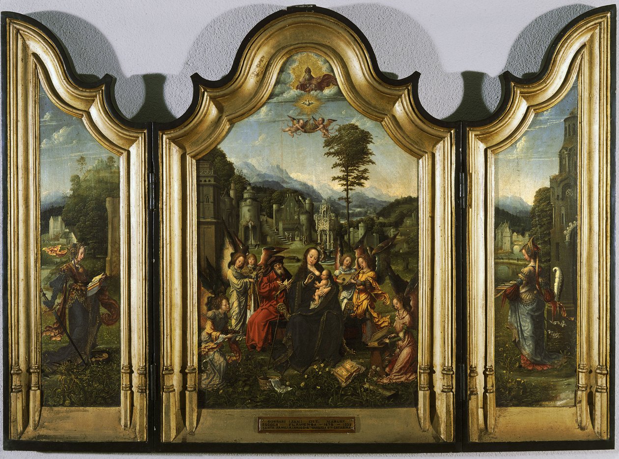 Den heliga familjen med Saint Catherine och Saint Barbara Triptych, ca. 1505 av Jan Gossaert