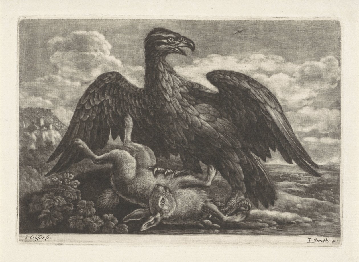 En örn står på en hare av Jan Griffier (I) (attributed to workshop of)