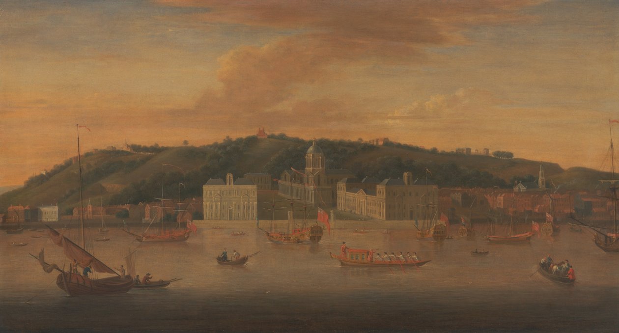 Utsikt över Greenwich från floden med många båtar av Jan Griffier I