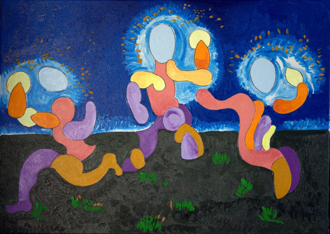 I junis varma nätter firar troglodyterna Fire, 2009 (olja på duk) av Jan Groneberg