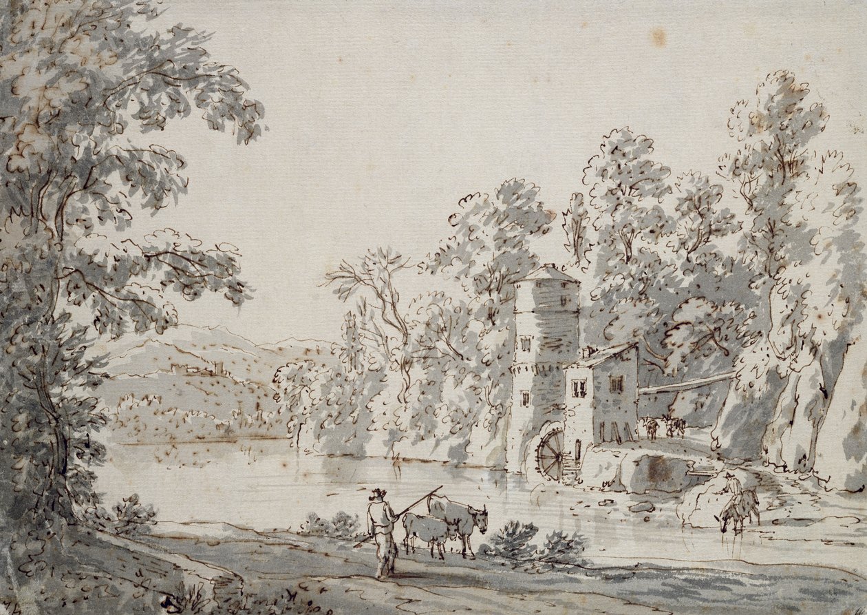 The Watermill by the Ford (penna och brunt bläck och grått tvätt på papper) av Jan Hackaert
