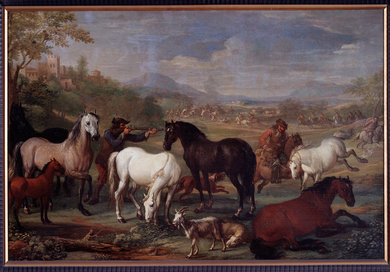 Landskap med hästar Målning av Jan Hamilton (1600-talet) Dim 60x90 cm Genes, Musei di Strada Nuova (ex Palazzo Bianco) av Jan Hamilton