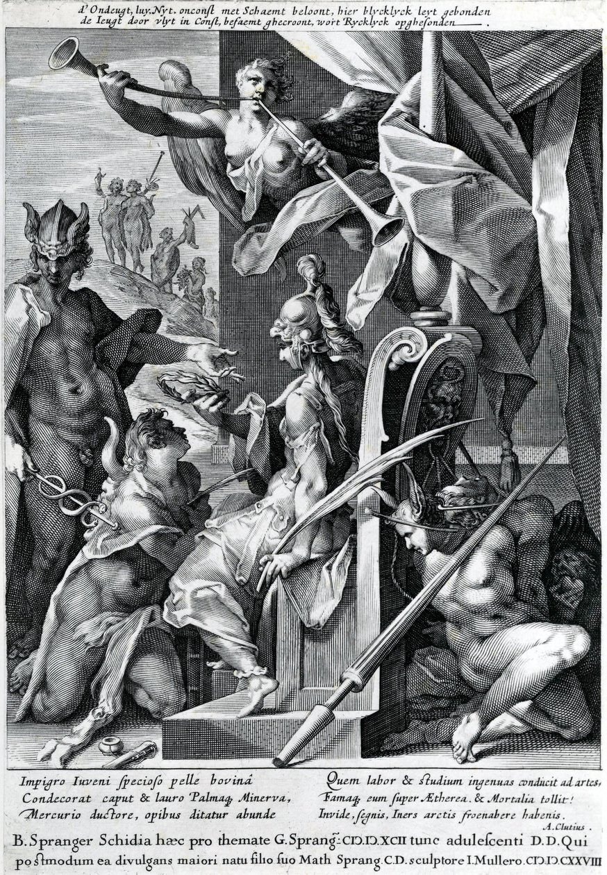 Mercury och Minerva beväpnar en hjälte med en tjurskinn och en lagerkrans, 1604 av Jan Harmensz Muller