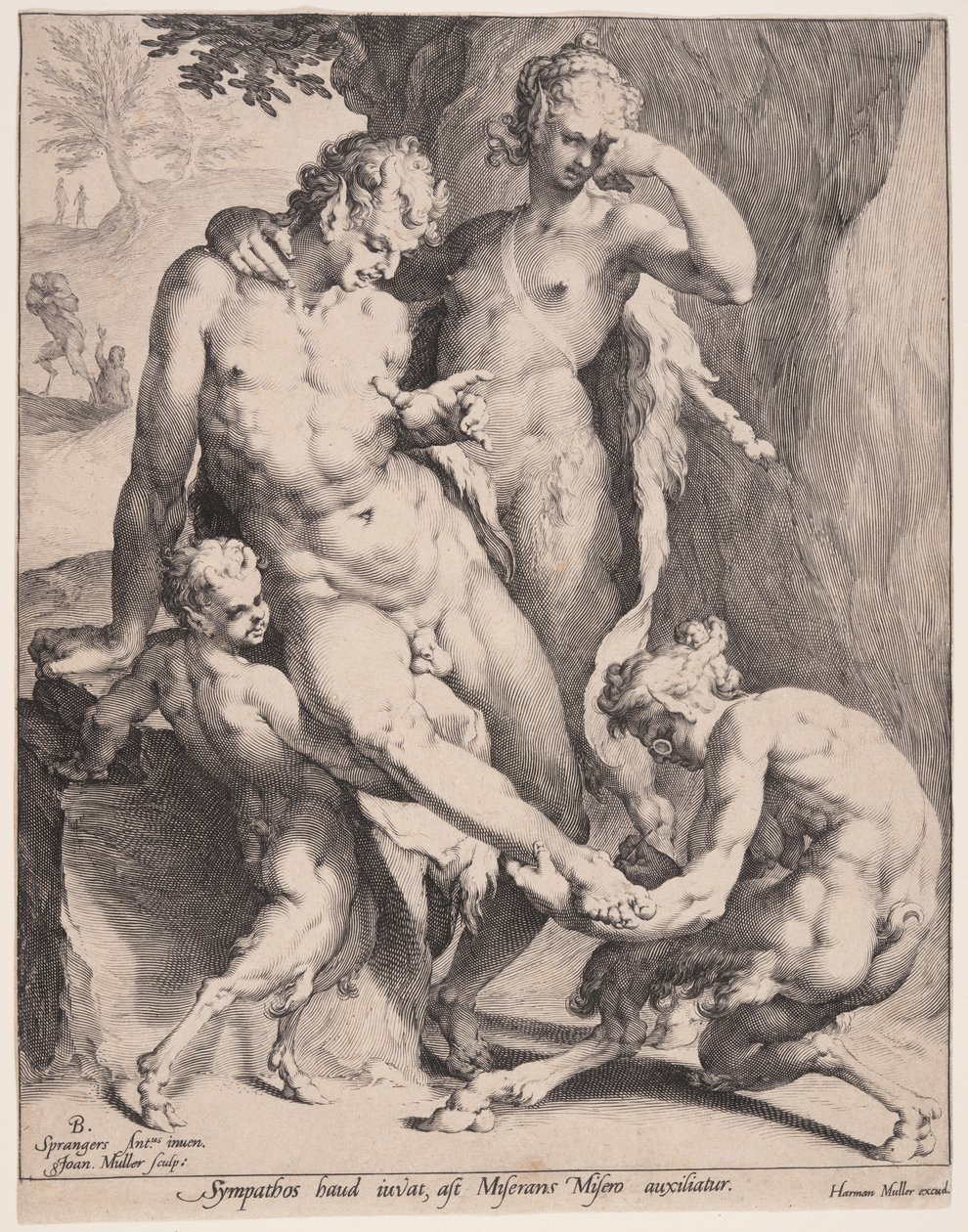 Oreads drar ut en tagg ur en satyrs fot av Jan Harmensz. Muller
