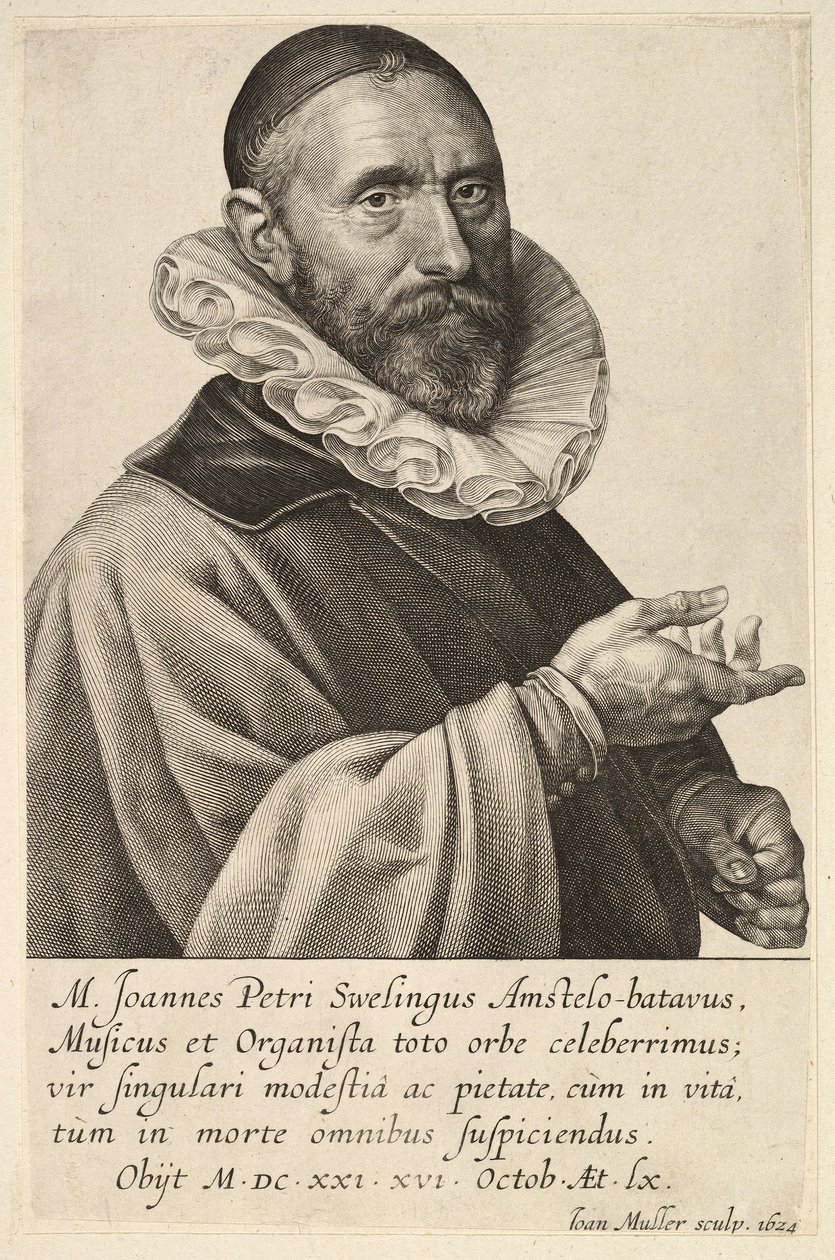 Porträtt av Jans Pietersz Sweelinck, pub. 1624 (gravyr) av Jan Harmensz Muller