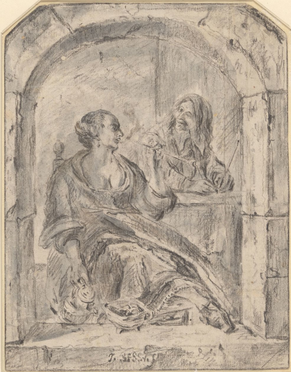 Piporökande kvinna och en man med två pipor av Jan Havicksz. Steen (possibly)