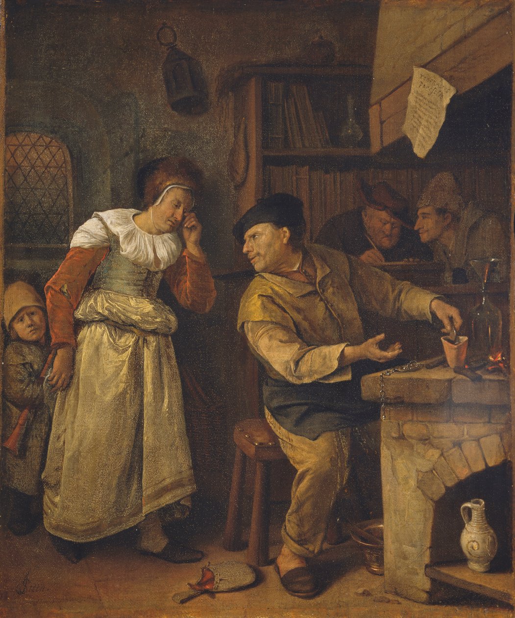 En guldsmed smälter ner en kvinnas smycken i närvaro av en notarie: Alkemisten, ca. 1668-70 (olja på duk) av Jan Havicksz. Steen