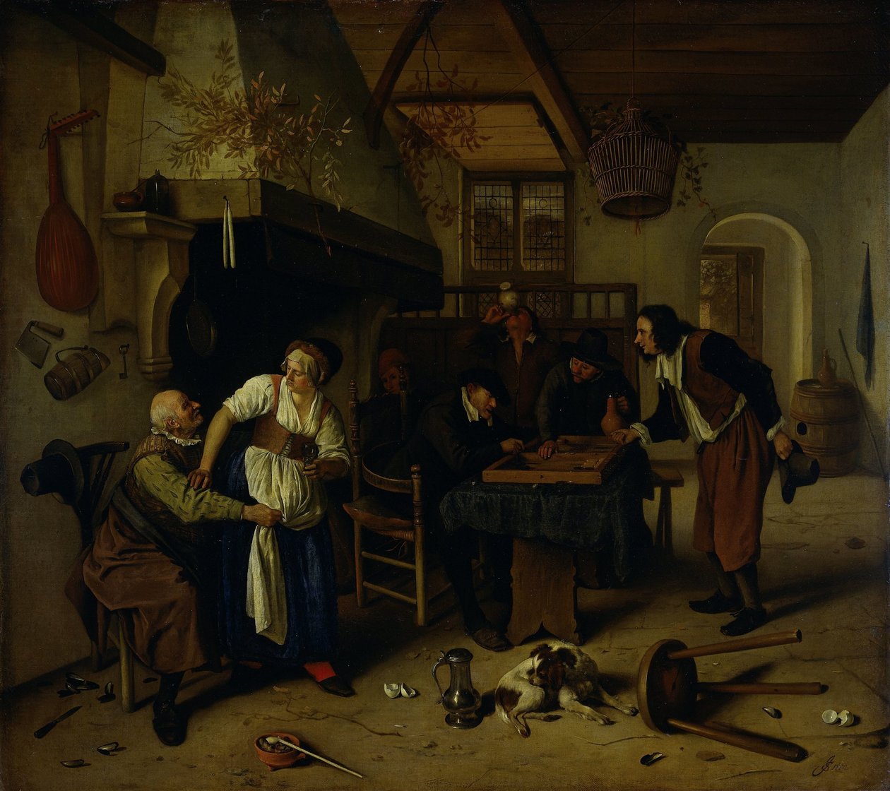 Interiör av ett värdshus med en gammal man som roar sig med hyresvärdinnan och två män som spelar backgammon, känd som "Två sorters spel" av Jan Havicksz. Steen
