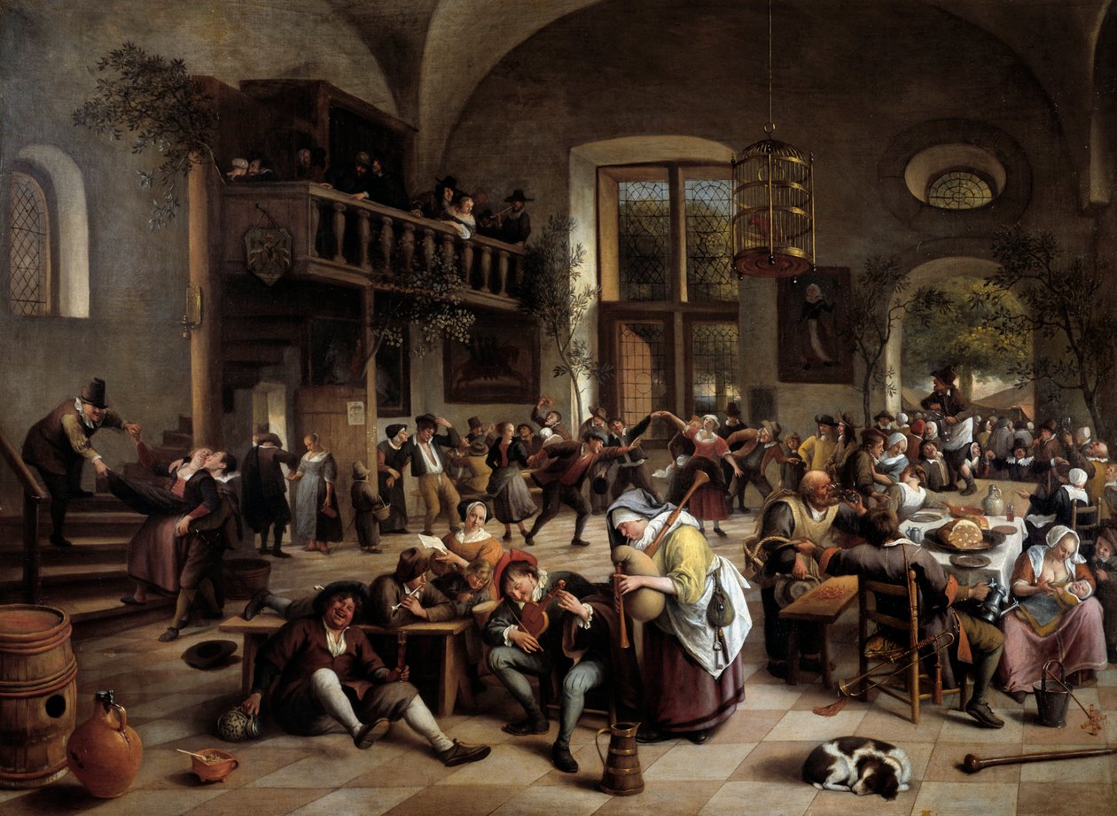 Fest i ett värdshus Musiker, spelare, män och kvinnor av drickande människor - Målning av Jan Havicksz (Havicksz) Steen (1626-1679) av Jan Havicksz. Steen