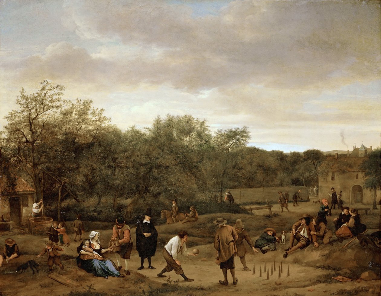 Bönder som spelar bowling, av Steen, Jan Havicksz (1626-1679). Olja på trä, c. 1655. Storlek: 67x85,5 cm. Konsthistoriska museet, Wien av Jan Havicksz. Steen