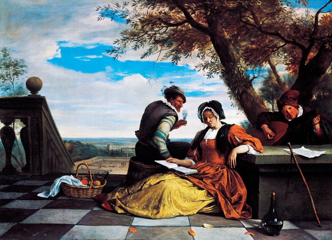 Två män och ung kvinna som gör musik på terrassen av Jan Havicksz. Steen