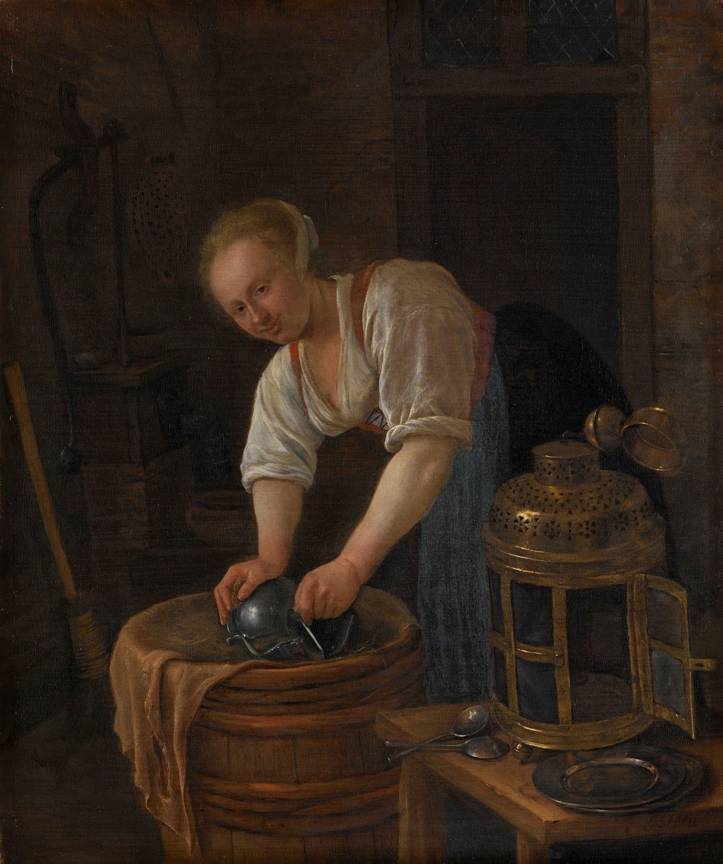 Kvinna som skurar metallvaror av Jan Havicksz. Steen