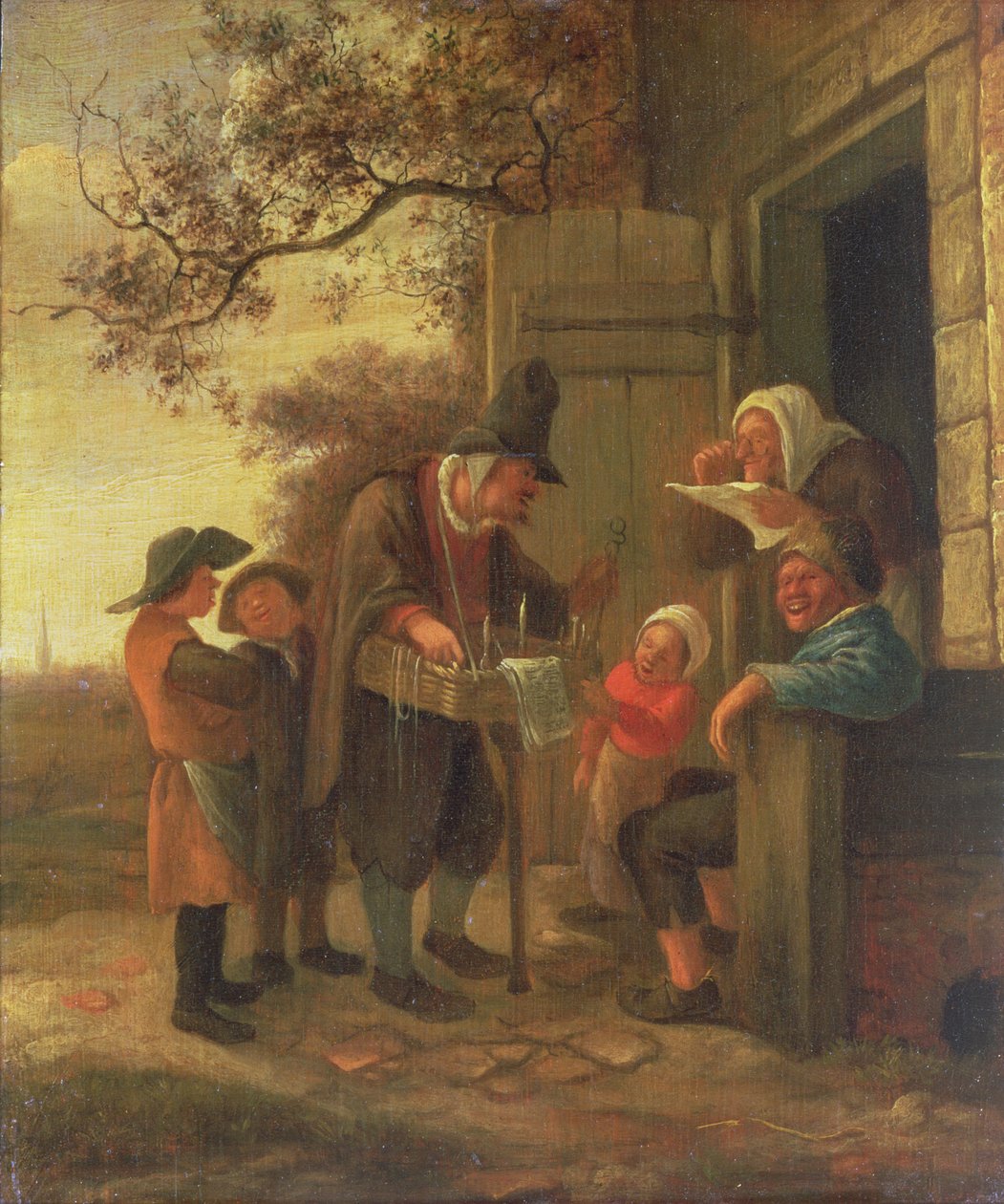 En köpman som säljer glasögon utanför en stuga, ca 1650-53 (panel) av Jan Havickszoon Steen