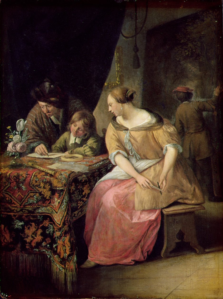 Interiör med en målare och hans familj, ca 1670 (panel) av Jan Havickszoon Steen
