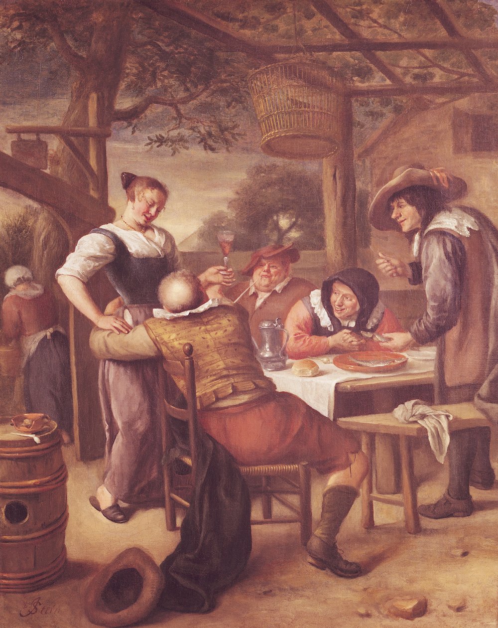 Glad sällskap under en spjälsäng av Jan Havickszoon Steen
